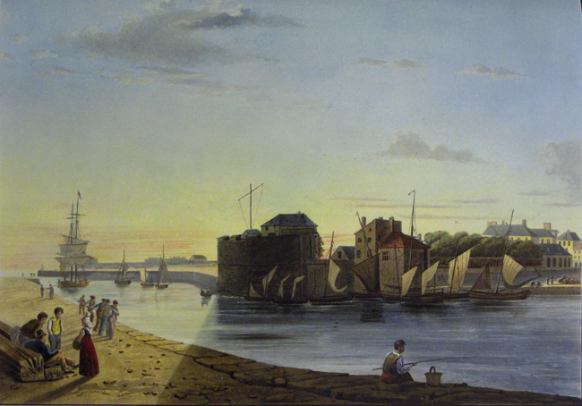 <i>Hâvre vue de la tour et de l’entrée du port</i>, 1825, Gravure couleur, Thales FIELDING, extrait de <i>Voyage pittoresque dans les ports</i>